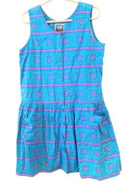 Sigrid Olsen Sport Sleeveless Cotton Dress Blue Pink Medium Geometric 1990s Vtg